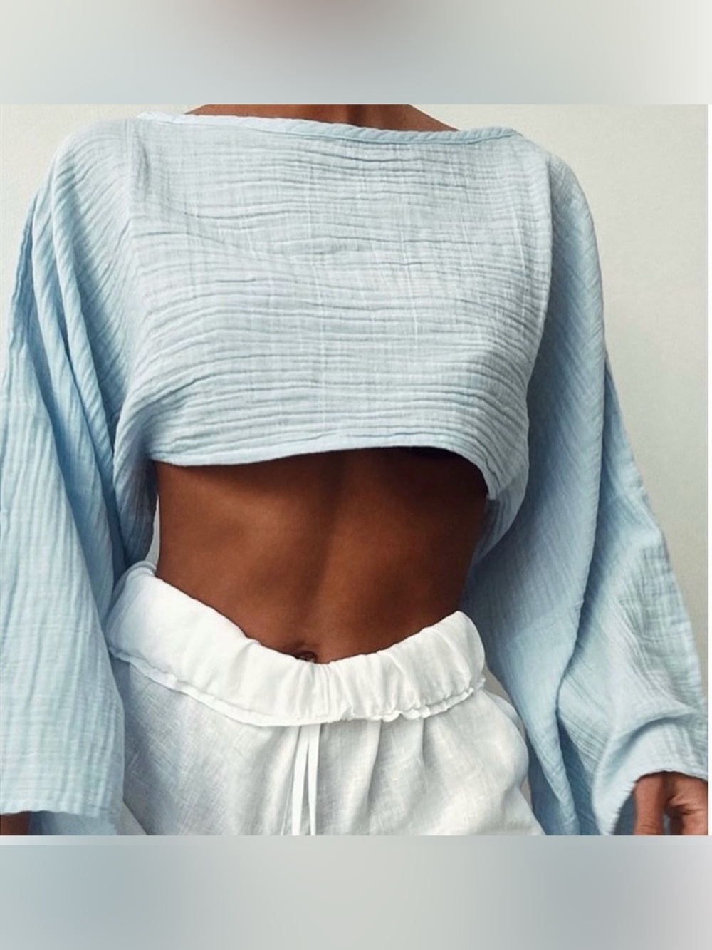 Reserved Baby Blue Gauze Crop Top L Oversized Bell Sleeve Coastal